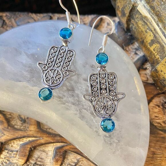 Hamsa Swiss Blue Topaz Sterling Silver Earrings - Picture 1 of 3